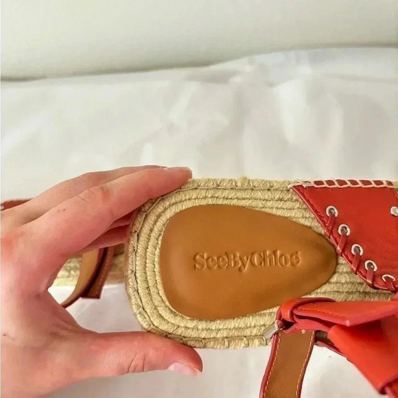 NWOT SEE BY CHLOÉ Yuna Rust Red Orange Espadrille Ankle Leather Sandals Size 8 - Picture 8 of 10